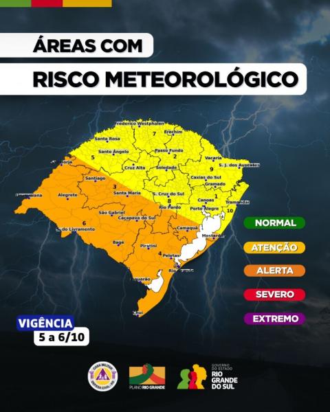 Defesa Civil estadual alerta para previsão de tempestades e de chuvas intensas no RS a partir da tarde de domingo (5)